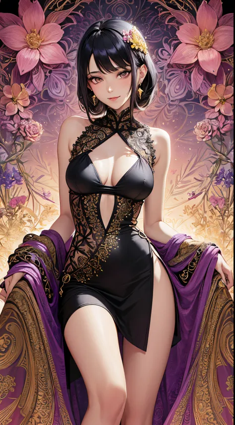 A female with medium breasts, slim body, tempting body, nice bare leg, cleavage, bare shoulders, black hair, silk bed, silk ornament, flowers, particles, light rays, (masterpiece, top quality, best quality, official art, beautiful and aesthetic:1.2), (1gir...