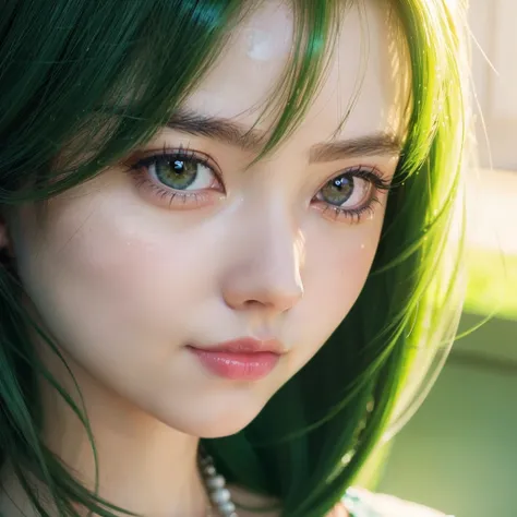 Close up portrait of woman with green dress and necklace, artwork in the style of guweiz, realistic anime 3 d style, Beautiful Anime Portrait, Anime Realism Style, detailed portrait of an anime girl, beautiful character painting, by Yang J, Stunning anime ...