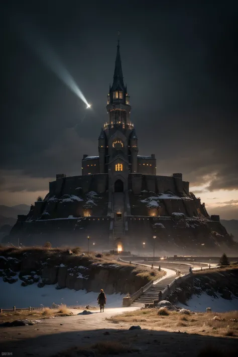 Main Elements:

A majestic citadel of light perched on a hill.
The hill should have a slightly rugged terrain, showcasing realism.
The citadel should emanate a radiant glow, with intricate architectural details.
Surrounding Environment:

The darkness surro...