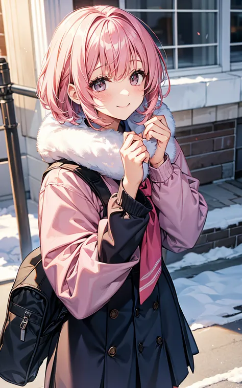 She is wearing a high school uniform、Winter morning、Wear cold weather gear、greeted me、a smile、short-cut、Pink hair