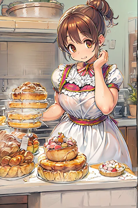 One woman with short ponytail brown hairstyle, wearing only a short frilly apron, Chic, Alone, Solo, (Alone)(Solo), Showing cleavage, Facing forward, looking at me, Looking forward, showing belly, bake sweets in the kitchen