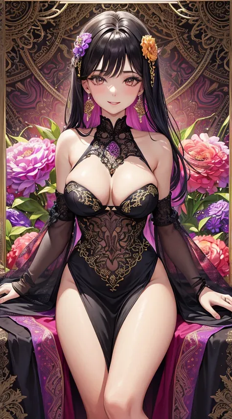 A female with medium breasts, slim body, tempting body, nice bare leg, cleavage, bare shoulders, black hair, silk bed, silk ornament, flowers, particles, light rays, (masterpiece, top quality, best quality, official art, beautiful and aesthetic:1.2), (1gir...