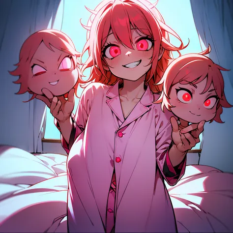 perverted man resurrected as nagisa, 'i am nagisa', possessed nagisa, glowing red eyes, perverted evil grin, in bedroom, 'this i...