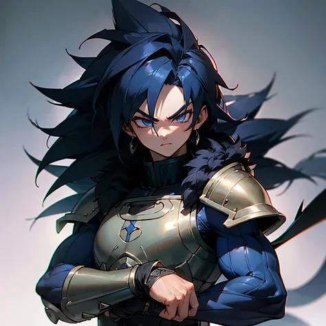 (best quality,ultra-detailed,:1.37),3D rendering, Dark Blue Clothing, Armor Piece On Right Arm,The warrior has Black Long Spiky Saiyan Hair and wears Fur Trim Clothing. He has a Muscular Build and a Saiyan Tail. 1male