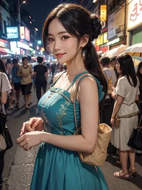 A woman in a charming dress is in the streets of Thailand in the evening, looking happy.