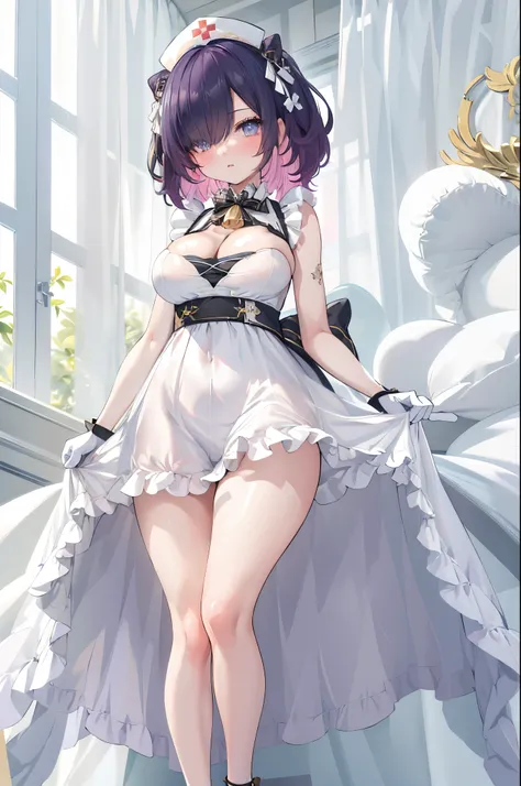 (((masterpiece))),highres,absurdres,(((best quality))),official art,perfect lighting,looking at viewer,full body,
1girl,hmsjervis,hair over one eye,nurse cap,white dress,white gloves,sleeveless dress,white pantyhose,bow,neck bell,cleavage,blush,expressionl...