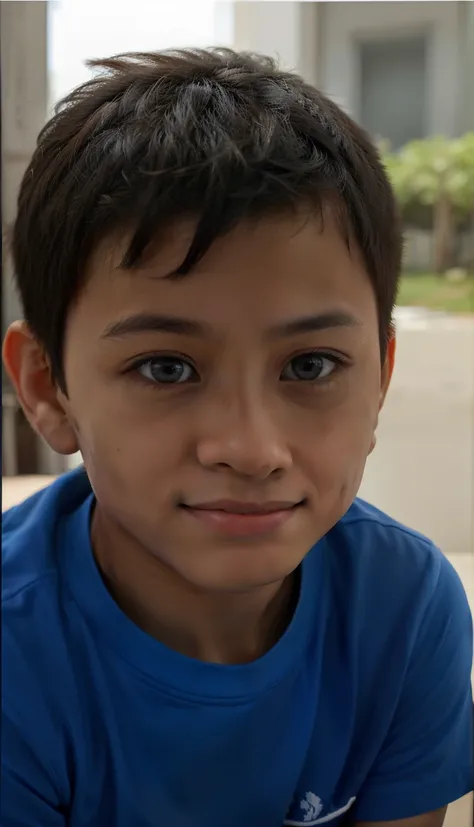 sharp boy in a blue shirt looking at the camera with a smile, detailed face of a asian boy, menino com rosto neutro, south east asian with round face, Young Child, menino novo, medium close up portrait, foto de retrato em close-up, cara perfeita e menino, ...