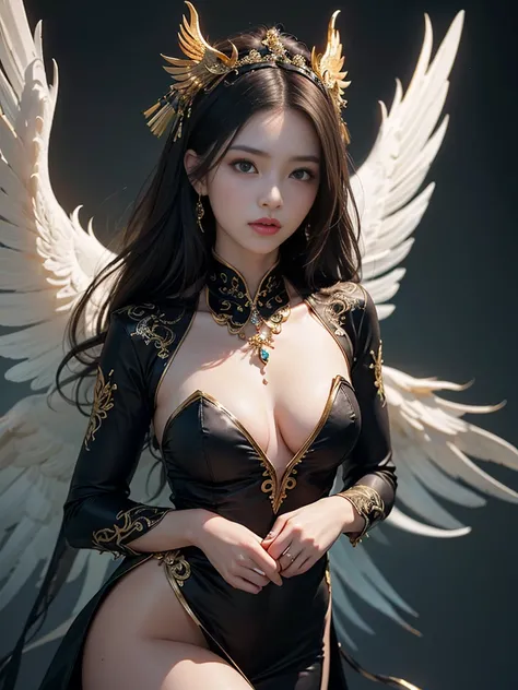 Unbeatable masterpiece, Ultra photo realism, Perfect artwork, Intricate details, Best quality, Strong warm light, 1girll , long flowing hair, medium breast, very sexy, beautiful face, high detailed face, beautiful eyes, fierce look, Become a Chinese phoeni...