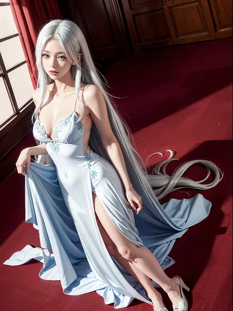 Photorealistic, masutepiece, Photorealistic, High resolution, Soft light, hips up high, Blue eyes, White hair, Long hair, Red dress, Full dress, red clothing