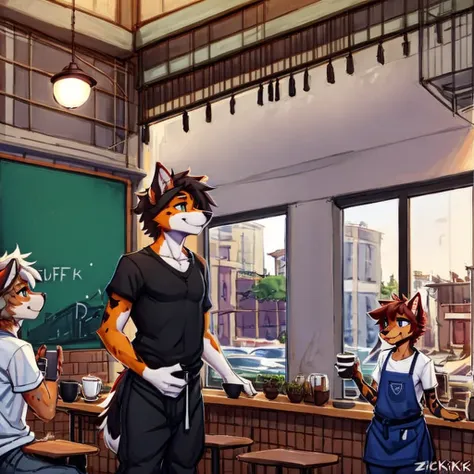 anthro,(feminine) male, Australian shepherd, wearing baggy pants and black t-shirt+, cafe, window view, serving coffee, green and red apron, by Zackary911, by Wizzkit, by anixs, detailed feminine male body, high quality, anatomically correct, detailed face...