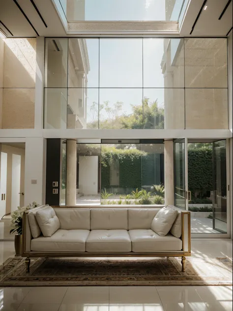 mediteranian style house, glass house in living room, minimal interior, large couch,sofa, modern mansion, luxury, architecture magazine photography,  (RAW photo, real, best quality, masterpiece:1.2), (hyper realistic, photo-realistic:1.2), high quality, (b...