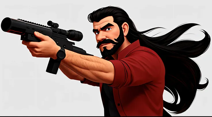 1 man solo, solo.he has a short black beard and he has black flowing hair. wearing red. holding gun at camera. white background