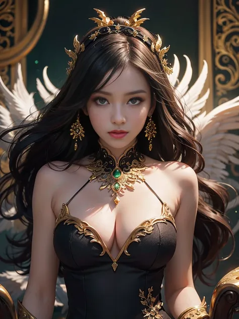 Unbeatable masterpiece, Ultra photo realism, Perfect artwork, Intricate details, Best quality, Strong warm light, 1girll , long flowing hair, medium breast, very sexy, deep cleavage, beautiful face, high detailed face, beautiful eyes, fierce look, Become a...