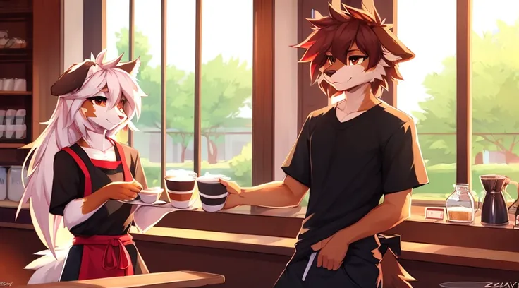 anthro,(feminine) male, Australian shepherd, wearing baggy pants and black t-shirt+, cafe, window view, serving coffee, green and red apron, by Zackary911, by Wizzkit, by anixs, detailed feminine male body, high quality, anatomically correct, detailed face...