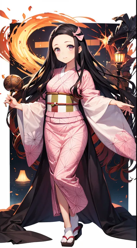 masterpiece, Kamado, Nezuko, fullbody, 1girl, solo, standing, pink color theme, manga style, pink yukata, looking at the viewer, side front pose, ((on white background))