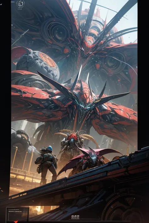 a group of people standing in front of a giant spider, by Android Jones, afrofuturism, wide shot of a spaceship battle, plataform 2 d game, nychos, in - game screenshot