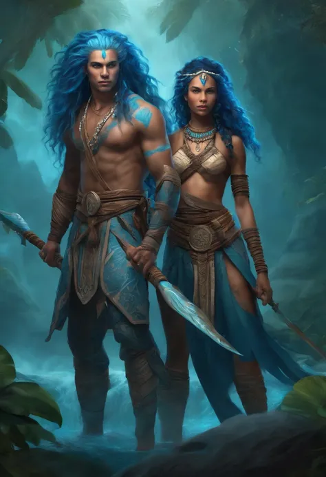 A young handsome blue skinned male couple water genasi with wet blue hair, light blue eyes, Polynesian tribal tattoos, and wielding a spear. High detail. Digital fantasy art.