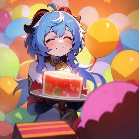 1girl, smiling, holding a cake with one candle, Cakes, A warm place, colorful balloons, confetti, birthday party, Gift boxes, ganyu from genshin impact