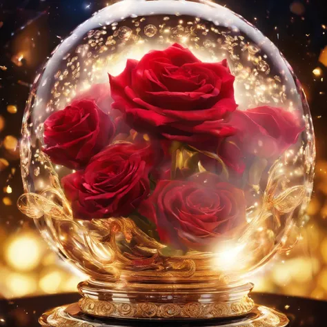 RED roses , super transparent, holy light, golden bowl, beautiful spectral light, petals glowing, dark background, drops of transparent light, reflective light, bright, light streaming in, optics, portrait profile, sharp focus, magical, intricate, ultra-re...