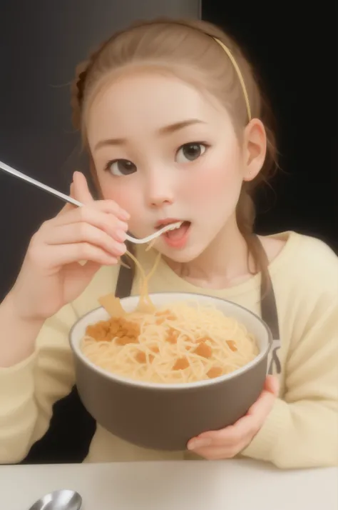 Araf girl eats cereal with spoon and fork, cereals, eats, eating noodles, Teenage girl, About to devour you, stockphoto, stock image, Interesting, food, pic, stock photography, eat radio, Petite girl, Eating noodles from a bowl, pic, eating noodles, digita...