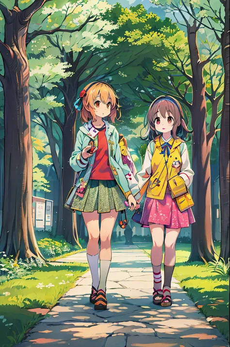 Anime image of two girls walking hand in hand in the park, kyoto animation key visual, kyoto animation anime key visual, kyoto animation still, Shirabii, official anime artwork, in style of kyoto animation, visual novel key visual, Kyoto Animation, Officia...