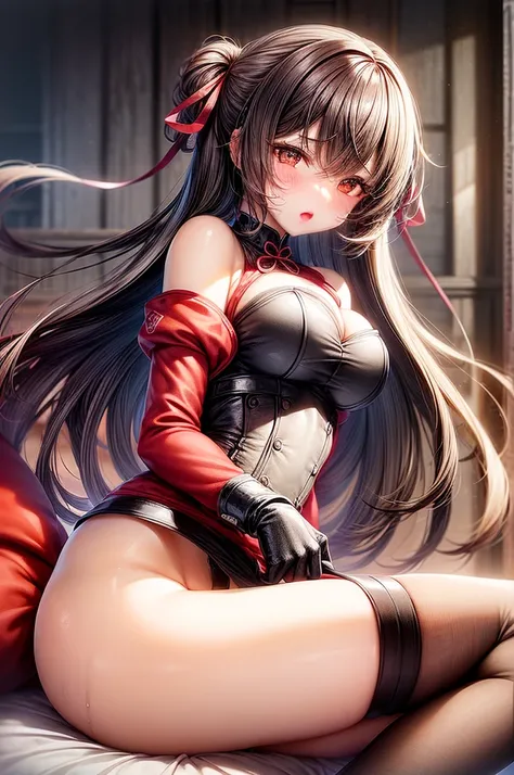 1girl, (独奏:1.3),  ((a perfect face)), ((詳細な目)),  Long hair, 가슴, Bangs, brown hair, thights, thights, gloves, long sleeves, band, cleavage, Hair between the eyes, jacket, hair ribbon, thights, belt, red ribbon, Orange Eyes, Erotic lingerie, white panty, wet...