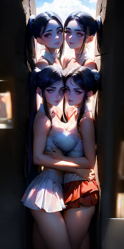 (masterpiece, best quality), best resolution, (2heads:1.5), 1girl, conjoined, ponytail, parted lips, perfect anatomy, heads placed close together equally on chest, heads pushing each other, hand pushing opposite head, blush, makeup, light smile, white hair...