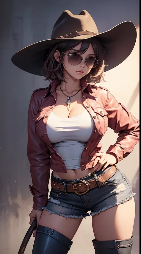 Cowboy girl，Wearing a cowboy hat，Wearing sunglasses，short detailed hair，Leather whip in hand，wearing leather boots，Wear a denim skirt，Wearing pink long sleeves，Semi-realistic，Epic light and shadow，Epic composition，Full body like，Plain gray background，Sexy ...