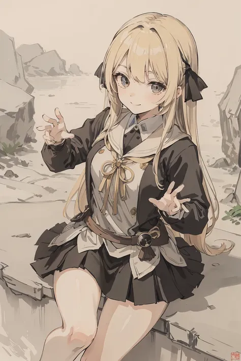 sparrow, a blonde haired girl, wearing a knight clothes, long hair, hair, black skirt, knight uniform, slim body, teen, curious face, praying pose, seductive smile