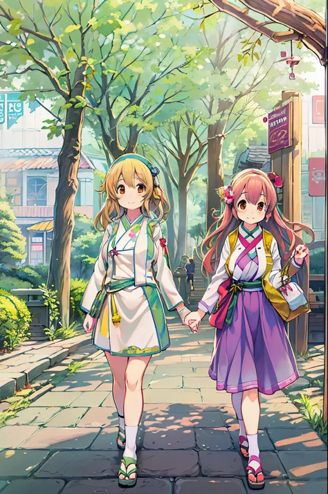 Anime image of two girls walking hand in hand in the park, kyoto animation key visual, kyoto animation anime key visual, kyoto animation still, Shirabii, official anime artwork, in style of kyoto animation, visual novel key visual, Kyoto Animation, Officia...