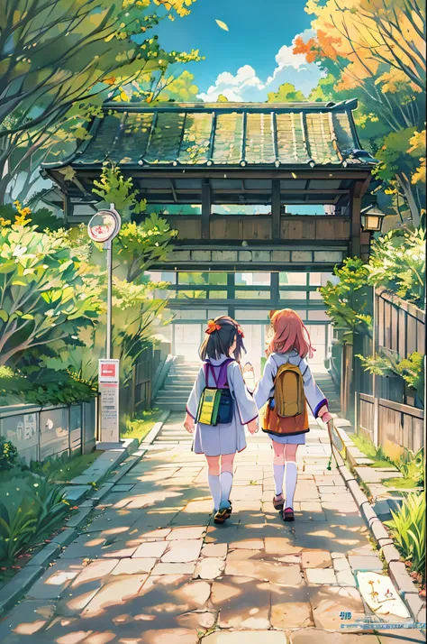 Anime image of two girls walking hand in hand in the park, kyoto animation key visual, kyoto animation anime key visual, kyoto animation still, Shirabii, official anime artwork, in style of kyoto animation, visual novel key visual, Kyoto Animation, Officia...