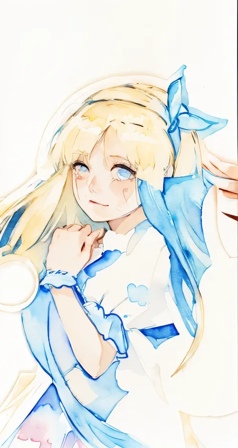 A girl with blond hair and a blue dress is crying，Watercolor illustration style，Fresh color