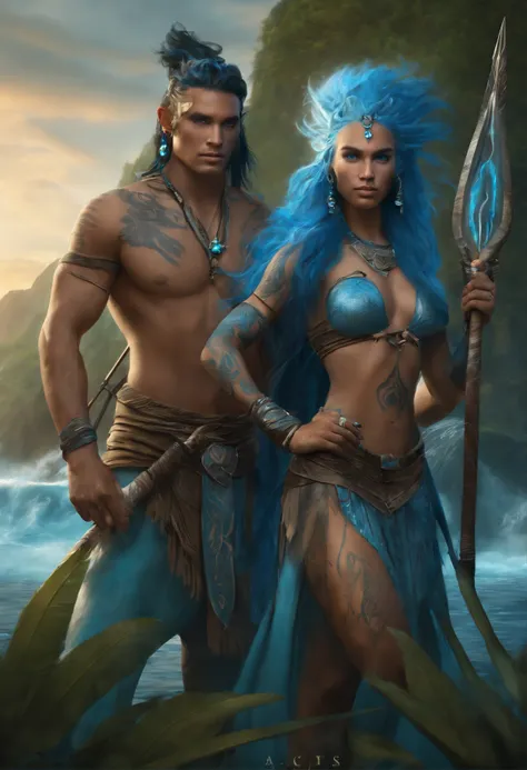 A young handsome blue skinned male couple water genasi with wet blue hair, light blue eyes, Polynesian tribal tattoos, and wielding a spear. High detail. Digital fantasy art.