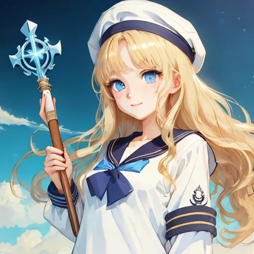 Sailor hat　a sailor suit　Blue eyes　Blonde longhair　Holding a wand　Anime style