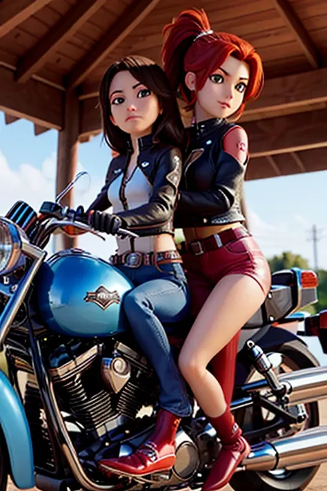 Female Riders、leaning on a harley、wearing double riders、during daytime