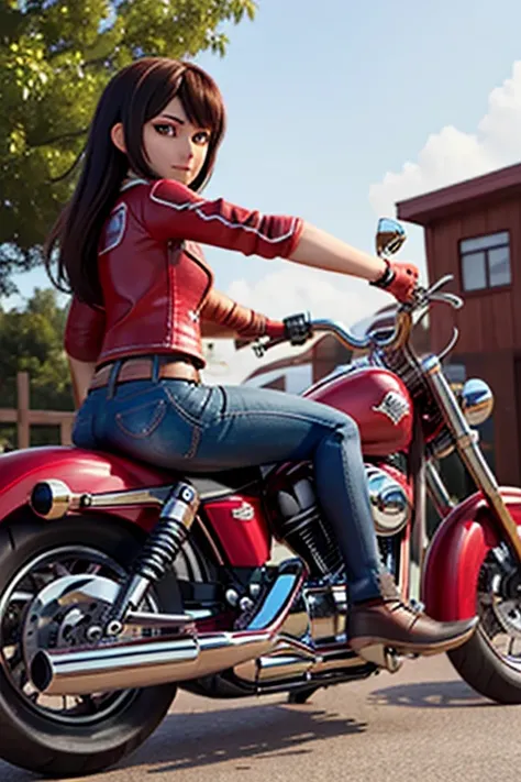 Female Riders、leaning on a harley、wearing double riders、during daytime