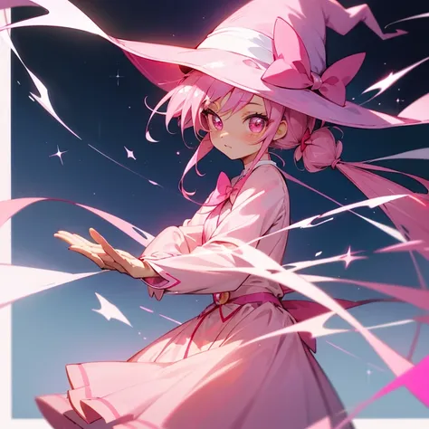 human girl　13years　独奏　Twin-tailed　Pink hair　Big pink eyes　Sparkling eyes　校服　pink blazer　sano　animesque　long  skirt　Witch　pink there　uses magic　childish　cute little　European style　kirakira　bow ribbon　Precure　witchs hat　frontage　high-level image quality　High...