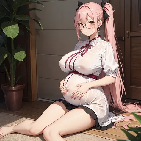 Full body girl, pregnant, cum on thighs, huge belly, cum on belly, huge breasts, cum on breasts, lactation, lactation through clothes, yellow eyes, glasses, shy, exhausted, earrings, hair ribbon, long hair, side ponytail, pink hair, tsundere, embarrassed, ...