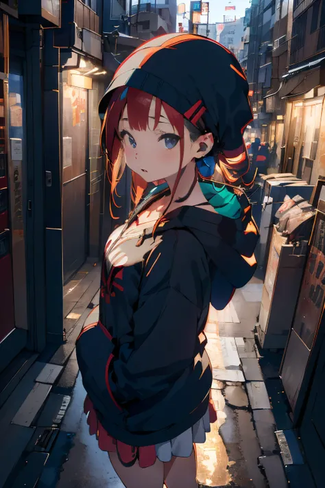 Shibuya, Back alley, vending machine on the background, wearing a hoodie on his head, From  above, (8K, Raw photo, Best Quality, masutepiece:1.2), A girl in her 20s with headphones around her neck