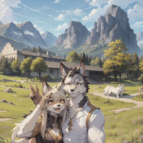 there are two people standing in a field with mountains in the background, furry,white wolf, scar,handsome, (High Resolution),masterpiece, 8k, nj5furry,masterpiece, best quality, perfect anatomy, bright eyes, detailed background,nj5furry,Rich colors