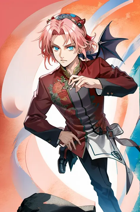 coral pink hair color　Hair length medium　Blue eyes　Beautiful foreign-looking young man　maroon tuxedo　Wushu stance　Demon horns are growing　Anime style　kawaii