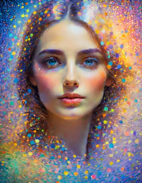 Fantasy, vivid and evocative portrait of a woman, holographic effect, little dots, little rectangles,   soft face, cute face, interplay of light, color, and emotion.  timeless masterpiece, Monet colors,  and Seargent portrait