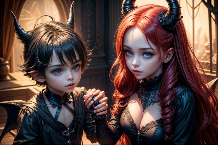 (best quality,4k,8k,highres,masterpiece:1.2),ultra-detailed,(realistic,photorealistic,photo-realistic:1.37),devil boy and girl holding hands,beautiful detailed eyes,beautiful detailed lips,demonic atmosphere,playful and mischievous expressions,dark and mys...