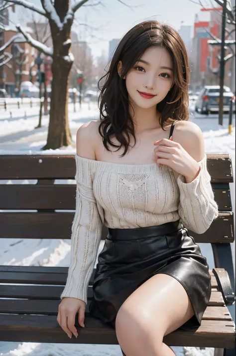 (best quality,4k,8k,highres,masterpiece:1.2),ultra-detailed,realistic:1.37,portrait,beautiful girl,youthful female model,sweet girl,white one-shoulder off-shoulder sweater,black short leather skirt,black knee-high boots,winter,snowing,masterpiece,extremely...