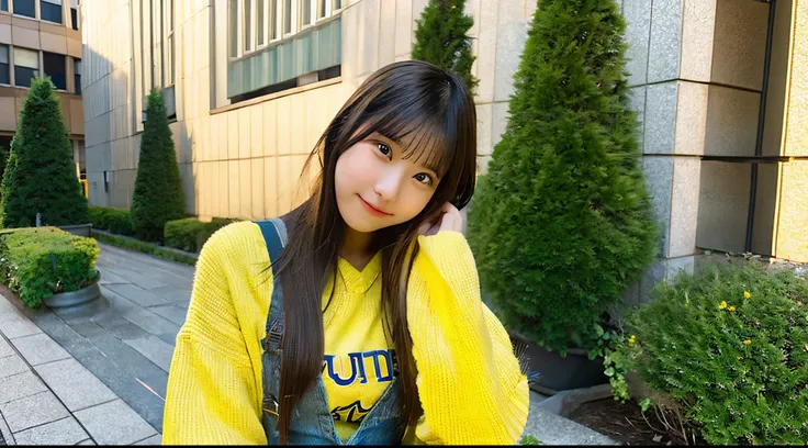 Cute female college student, 18 years old, wearing a yellow miniskirt