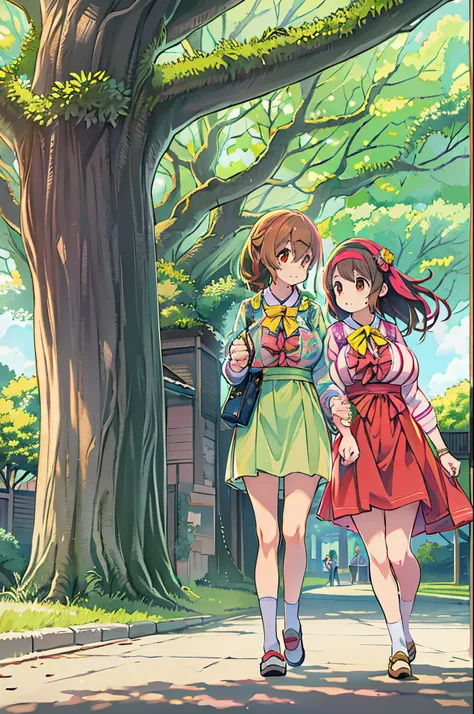 Anime image of two girls walking hand in hand in the park, kyoto animation key visual, kyoto animation anime key visual, kyoto animation still, Shirabii, official anime artwork, in style of kyoto animation, visual novel key visual, Kyoto Animation, Officia...