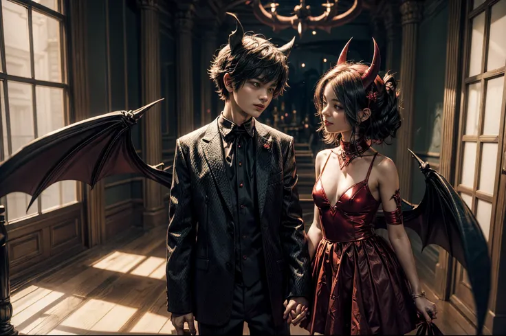 Little Devil Boy and Devil Girl Holding Hand, Bat Wings , Devil Horns, Devil Tail