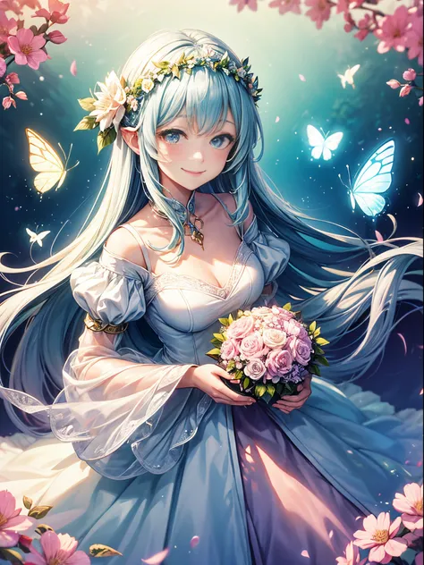 A smiling girl in a fantasy world, looking at the camera from above, wearing a flower crown and a white dress, surrounded by butterflies and fairies, best quality