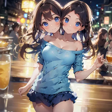 (highest quality, amazing details: 1.25), (2heads:1.5), 1girl, brown hair, identical hair color, tan skin color, blue eyes, blue outfit, blue sweater