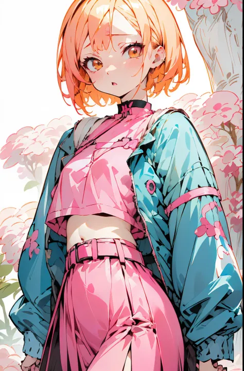 (masutepiece, Best Quality) Detailed, 1character , Blue Archive Art Style , wearing a baby blue jacket, Pink belt , Outfits inspired by BLACKPINK, croptop,stunning woman , Short hair , Blonde hair , Orange Eyes , no pupils , Pink lips , pale skin , ￼26 yea...